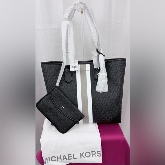Michael Kors Handbags - Michael Kors Large Signature Logo Striped Tote/Black, White & Gray/Taupe!   NWT
